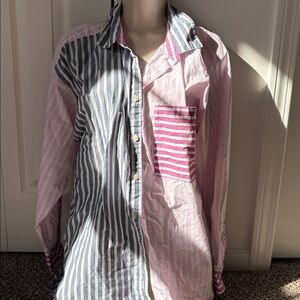Loft Striped Button-Up Shirt in Pink and Blue